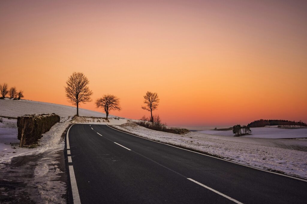 road, trees, sunset, austria, cold, driving, field, hiking, hills, landscape, nature, orange, outside, scenery, snow, sundawn, winter, nature, nature, nature, nature, nature